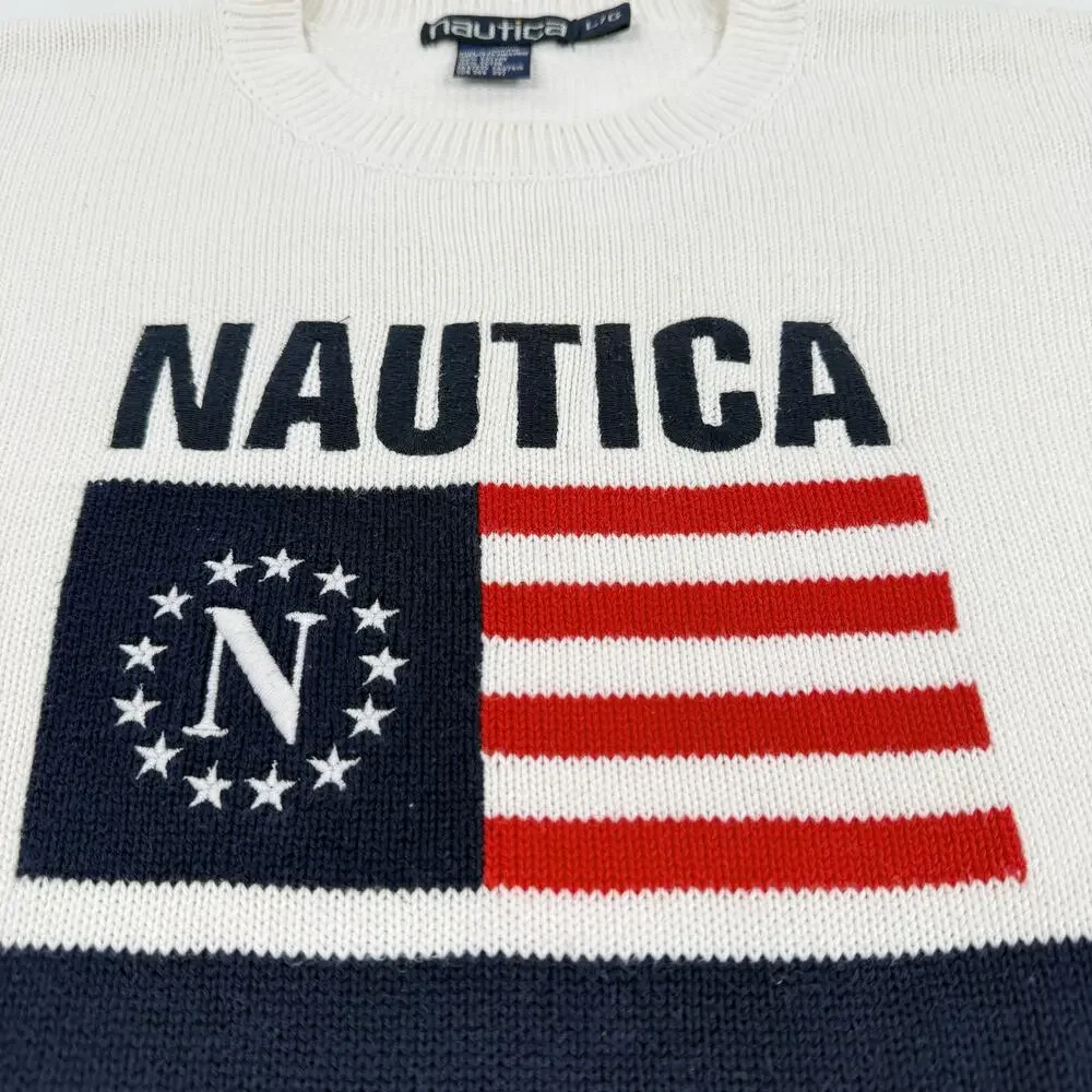 Vintage Nautica USA Flag Sweater Large 90s Cotton Knit Preppy Americana